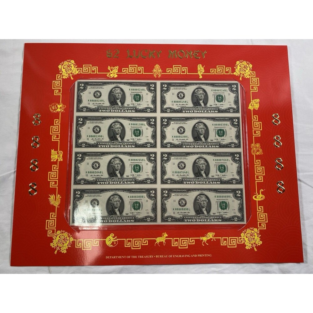 $2 8888 Lucky Money Sheet 8 Uncut Notes 2009 Series K8888xxxxL K88888898L